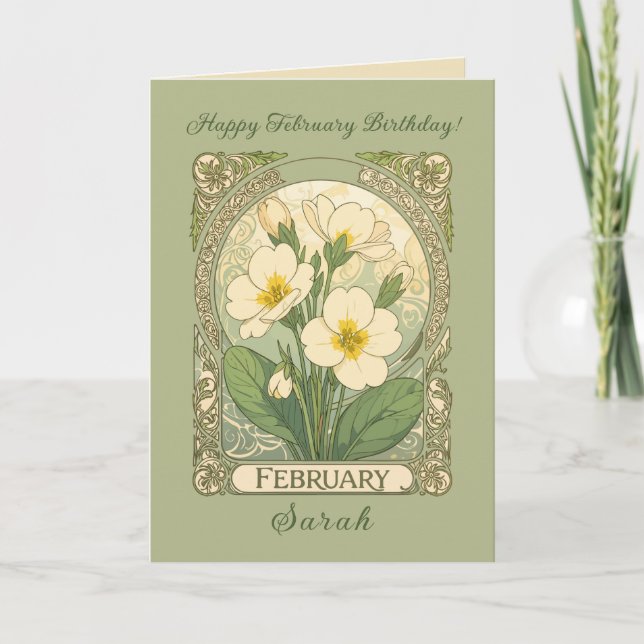 Tarjeta February Birthday Primrose Flowers Art Nouveau Sty (Anverso)