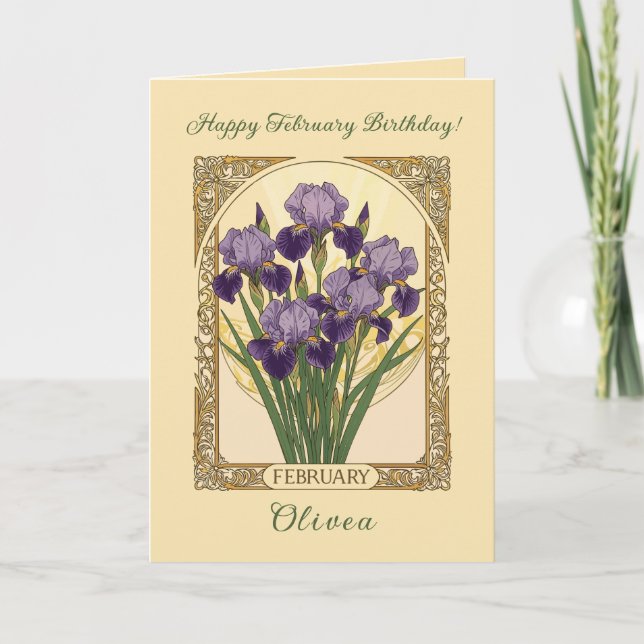 Tarjeta February Irises Birth Flower Art Nouveau Style (Anverso)