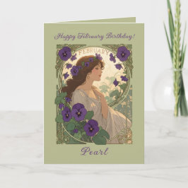 Tarjeta February Viola Birth Flower Art Nouveau Style
