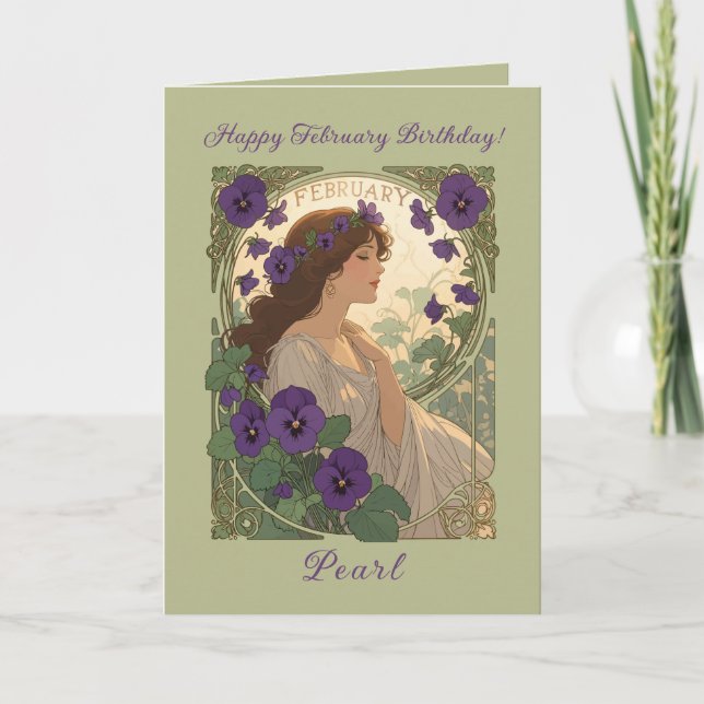 Tarjeta February Viola Birth Flower Art Nouveau Style (Anverso)