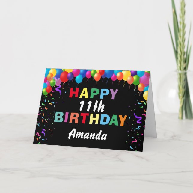 Tarjeta Felices 11º cumpleaños Coloridos globos negros (Anverso)