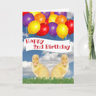 Tarjeta Felices 2º cumpleaños Ducklings Coloridos globos