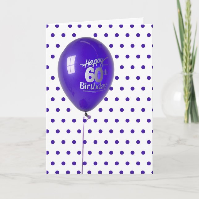 Tarjeta Felices 60 años, globo morado y puntos (Anverso)