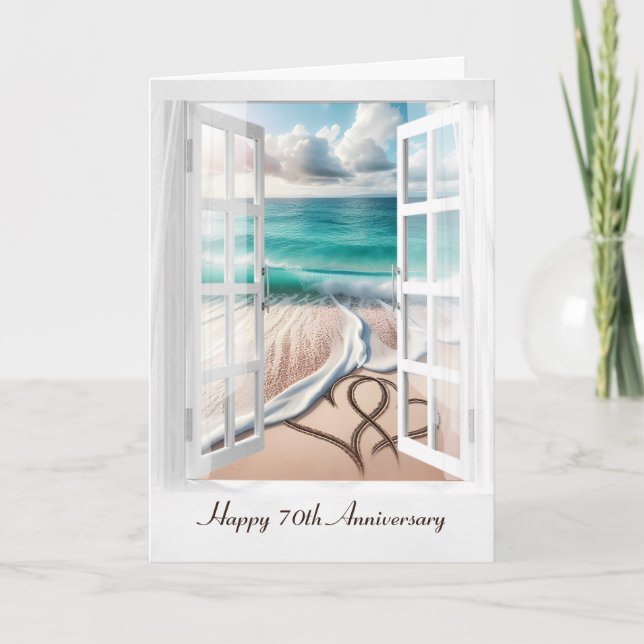 Tarjeta Felices corazones de playa de 70 años (Anverso)