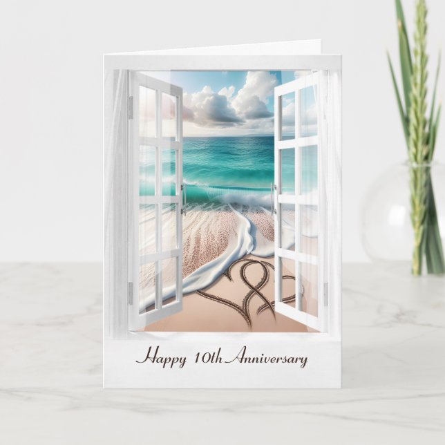 Tarjeta Felices corazones de playa del 10° aniversario (Anverso)