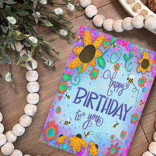 Tarjeta Felices cumpleaños Bumblebee Flores singulares