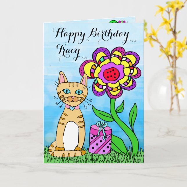 Tarjeta Felices cumpleaños de gato y flores (flor amarilla)