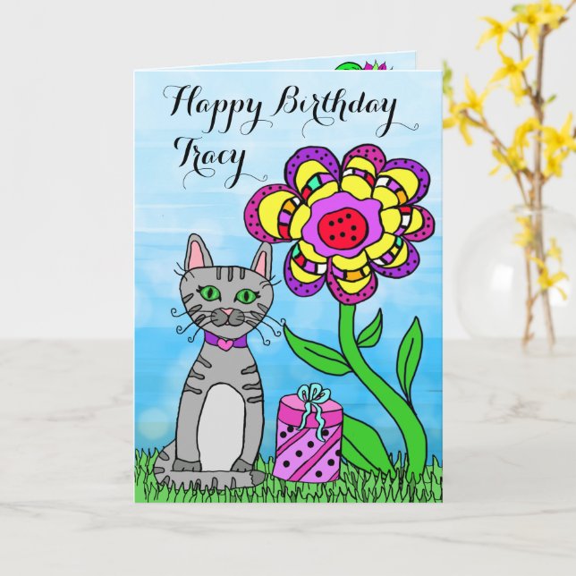 Tarjeta Felices cumpleaños de gato y flores (flor amarilla)