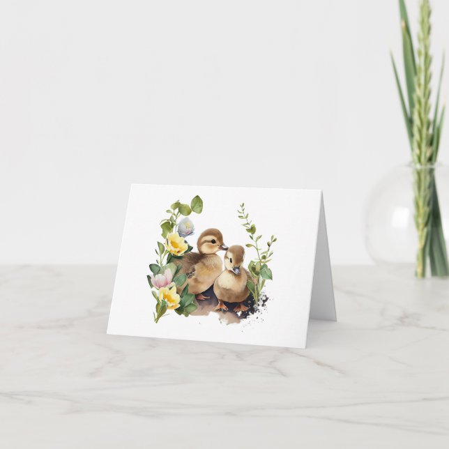 Tarjeta Felices Ducklings con flores en BLANK (Anverso)
