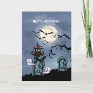 Tarjeta Felices Fantasmas De Búho De Caza Y Bats Voladores