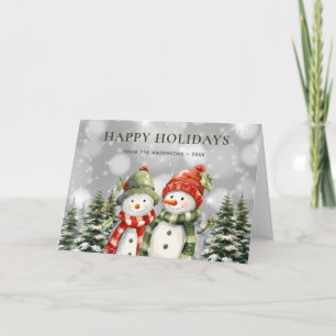 Tarjeta Felices Fiestas Bosque de Muñeco de Nieve Poinsett
