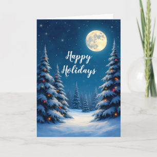 Tarjeta Felices Fiestas bosque nevado iluminado por la lun