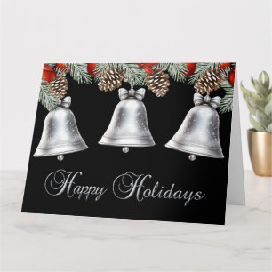 Tarjeta Felices Fiestas Campanas de Plata con Conos de Pin