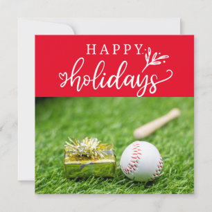 Tarjeta Felices Fiestas de béisbol con pelota, bate y guan