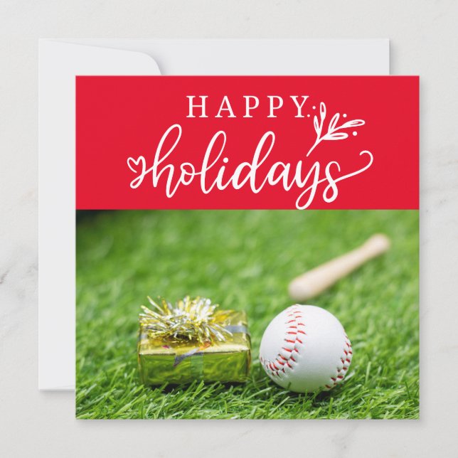 Tarjeta Felices Fiestas de béisbol con pelota bate y guant (Anverso)