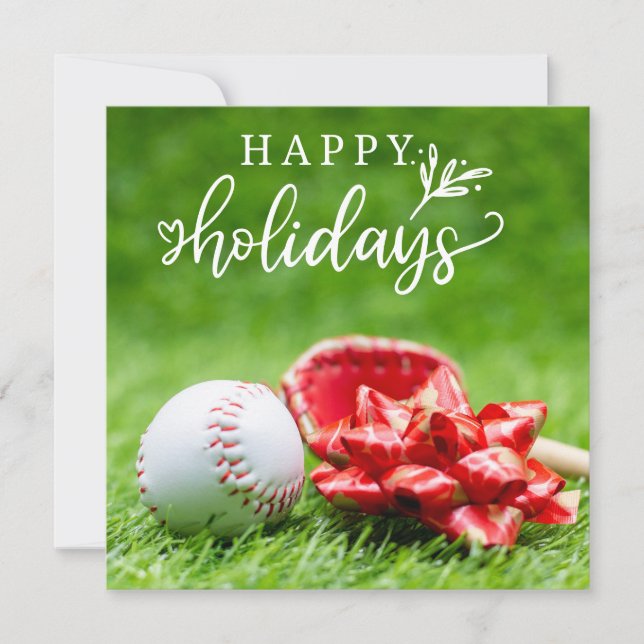 Tarjeta Felices Fiestas de béisbol con pelota bate y guant (Anverso)