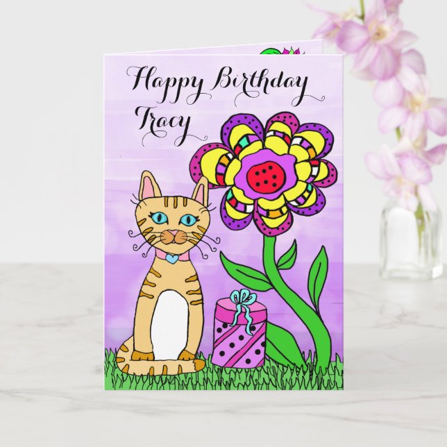 Tarjeta Felices fiestas de cumpleaños, gatos y flores (Orquídea)