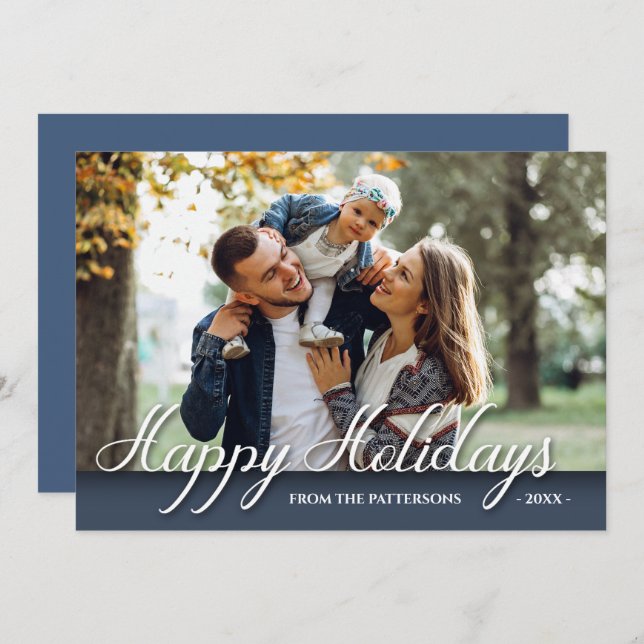 Tarjeta Felices Fiestas Familia Fotografía Elegante Azul M (Anverso / Reverso)