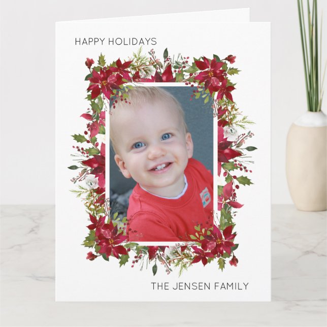 Tarjeta Felices Fiestas Flores de Nochebuena Verde Blanco (Anverso)