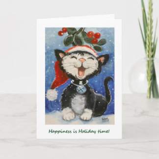 Tarjeta Felices Fiestas!, Gato feliz bajo el muérdago