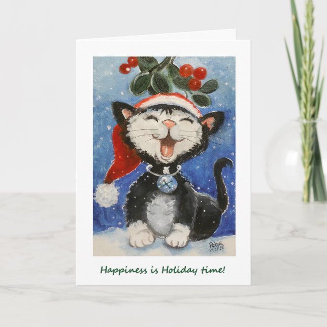Tarjeta ¡Felices Fiestas!, Gato feliz bajo el muérdago (Anverso)