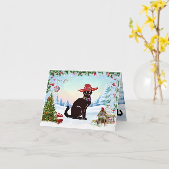 Tarjeta Felices Fiestas Gato Negro (flor amarilla)