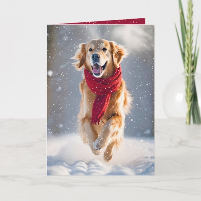 Tarjeta Felices Fiestas Golden Retriever En La Nieve (Anverso)