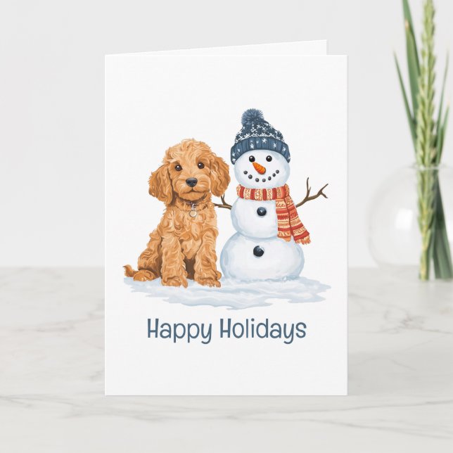 Tarjeta Felices Fiestas Goldendoodle Perro Muñeco de Nieve (Anverso)