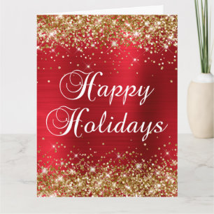 Tarjeta Felices Fiestas Grandes Brillantes Rojo Oro