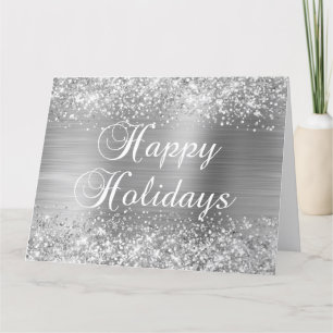 Tarjeta Felices Fiestas Grandes de Plata Brillante con Pur