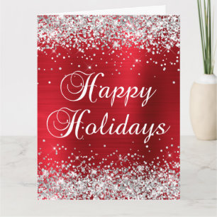 Tarjeta Felices Fiestas Grandes Rojo Brillo Plateado