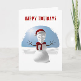 Tarjeta Felices Fiestas. Muñeco de nieve divertido con cab