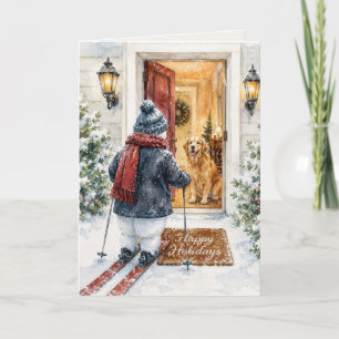 Tarjeta Felices Fiestas Muñeco de Nieve en Esquís