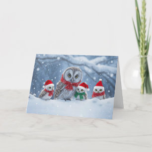 Tarjeta Felices Fiestas Navidad con Familia de Búhos Gorro