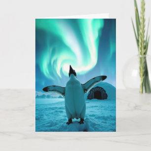 Tarjeta Felices Fiestas Pingüino Bajo las Luces del Norte