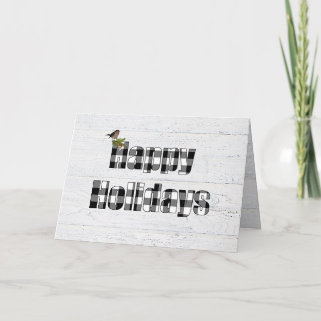 Tarjeta Felices fiestas plaid con pájaro (Anverso)