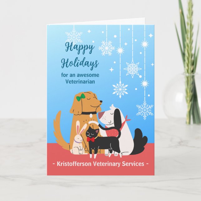 Tarjeta Felices Fiestas Veterinarias con Mascotas (Anverso)