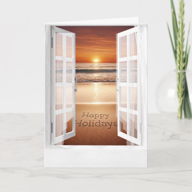Tarjeta Felices Fiestas Vistas Al Océano En La Ventana (Anverso)