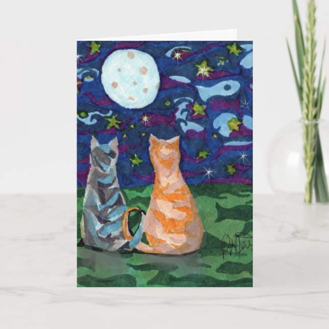 Tarjeta Felices Gatos De Cumpleaños A La Luz De La Luna (Anverso)