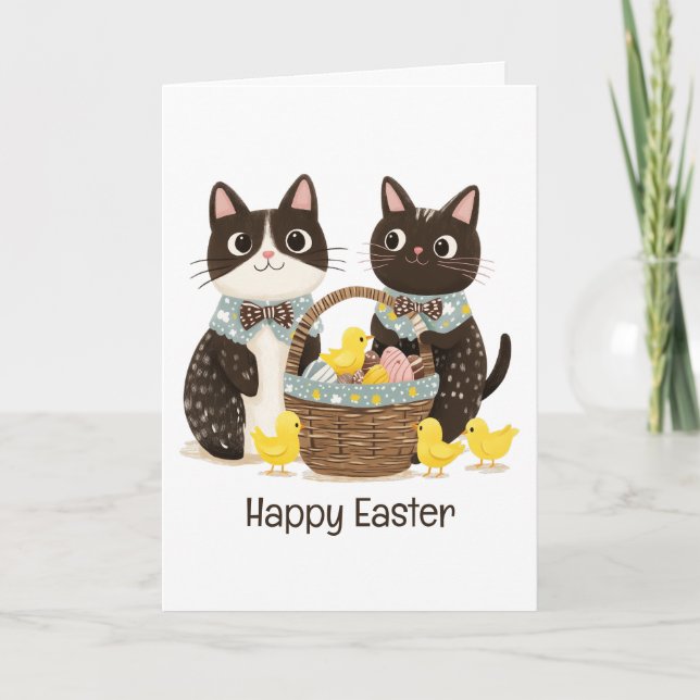 Tarjeta Felices gatos de Pascua Caza Cesta de Pascua Bebés (Anverso)