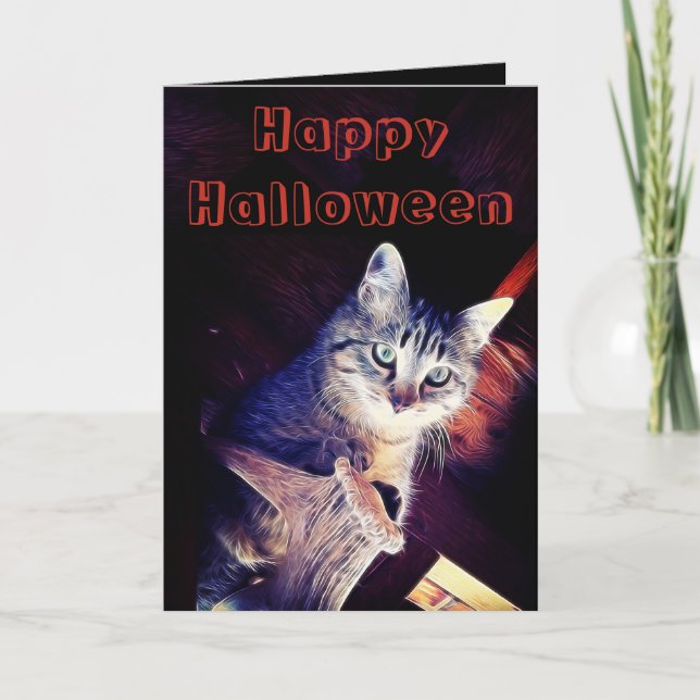 Tarjeta Felices Halloween Kitty En Rafters Fotografía (Anverso)