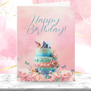 Tarjeta Felices mariposas de cumpleaños con pastel y peoní