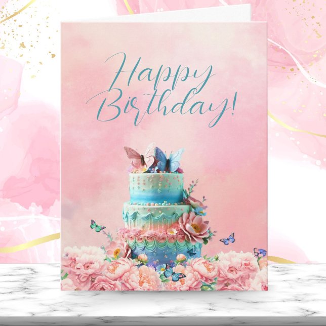 Tarjeta Felices mariposas de cumpleaños con pastel y peoní (Fluttering dreams on wings of joy, sweet wishes bloom today.)