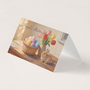 Tarjeta Felices Pascuas con huevos de colores y tulipanes