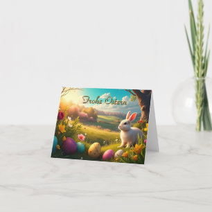 Tarjeta Felices Pascuas en un paisaje primaveral