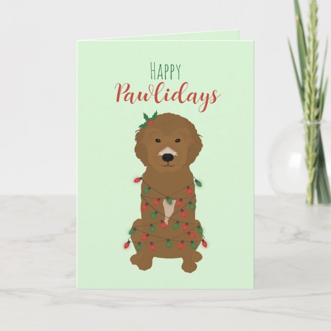 Tarjeta Felices Pawlidays Luces de Navidad Goldendoodle (Anverso)