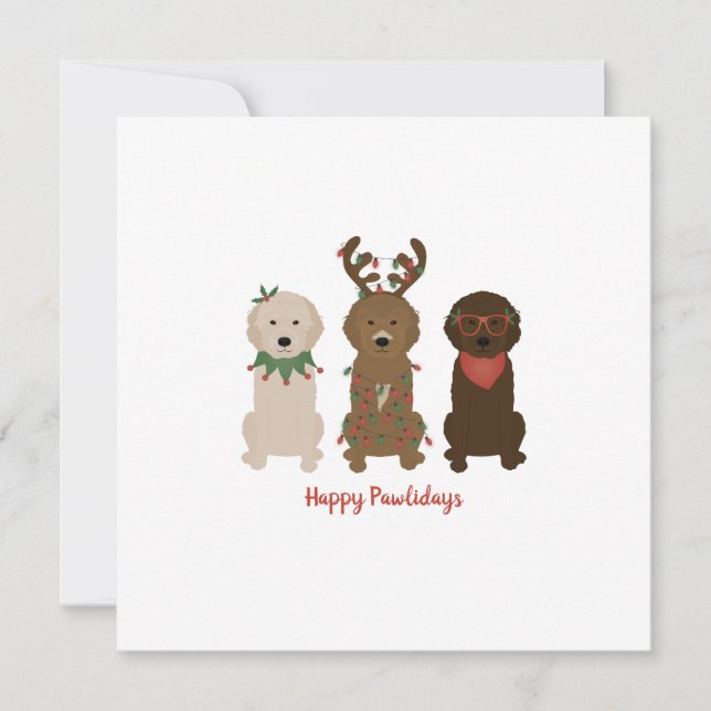 Tarjeta Felices Pawlidays Luces de Navidades Goldendoodle (Anverso)