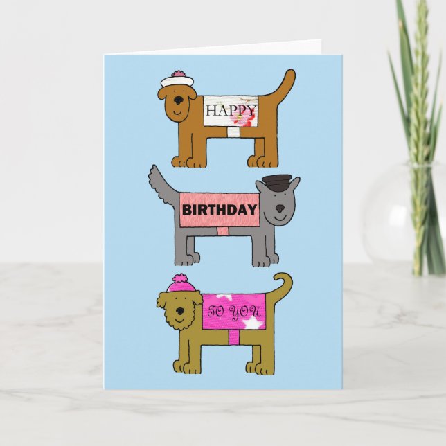 Tarjeta Felices perros de cumpleaños con ropa (Anverso)