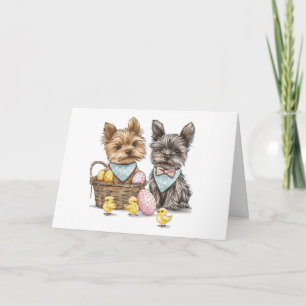Tarjeta Felices Perros Terrier de Yorkshire en Pascua
