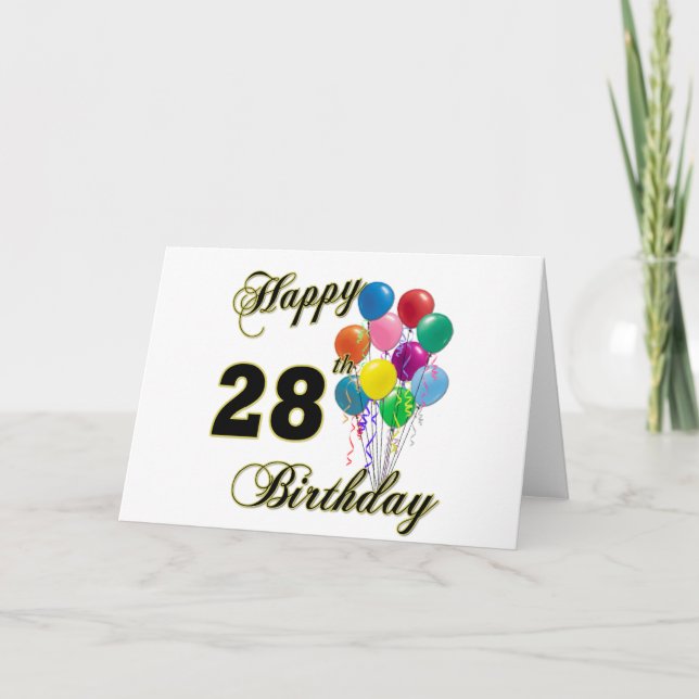 Tarjeta Felices regalos de cumpleaños 28 con globos (Anverso)